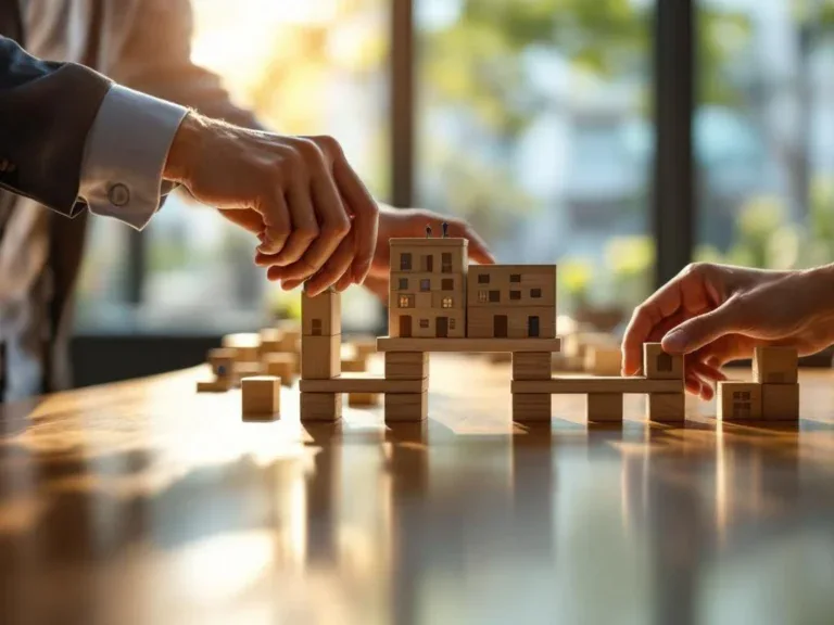 Mentor begeleidt handen bij het bouwen van houten blokbrug tussen kantoorgebouw en diverse werkplekmodellen op tafel