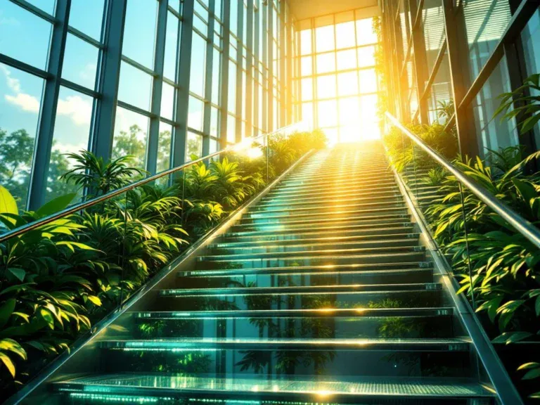 Moderne glazen trap met metalen leuningen in bedrijfsgebouw, omringd door groene planten, zonlicht stroomt door ramen