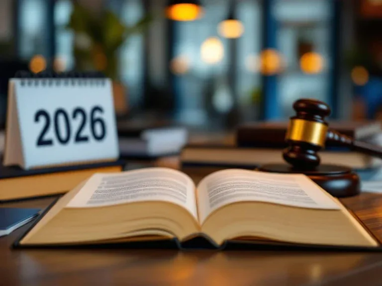 Open wetboek met gouden pagina's, Nederlandse juridische documenten, hamer en 2026 kalender op houten bureau