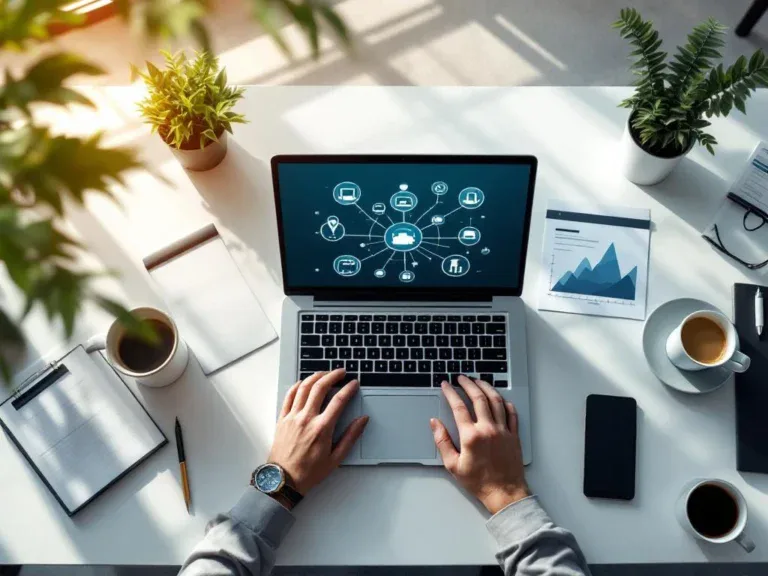 Laptop met netwerkdiagram op modern bureau met documenten, koffiekop en smartphone in natuurlijk licht