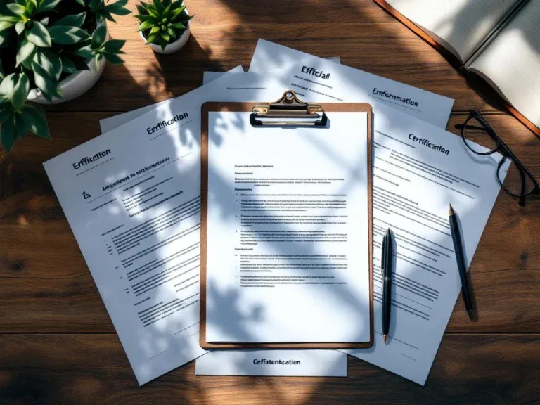 Georganiseerde houten bureau met officiële documenten, arbeidscontracten en medische certificaten in waaiervorm