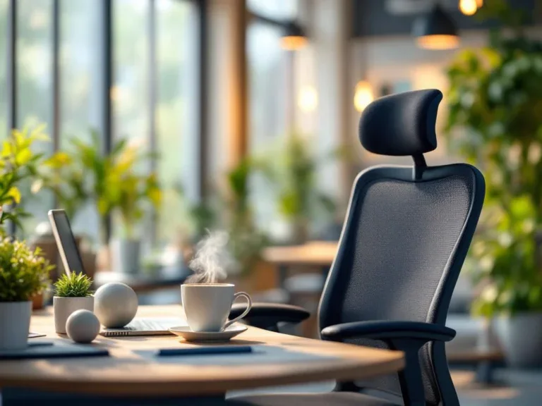 Ergonomische bureaustoel naast opgeruimde werkplek met koffie en welzijnsartikelen in ondersteunende kantooromgeving