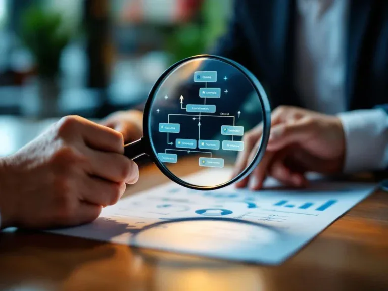 Handen houden vergrootglas boven organisatieschema met carrièrepaden op houten bureau, professionele kantooromgeving