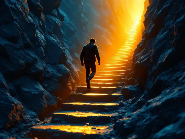 Persoon klimt bergopwaarts van donkere rotsen naar gouden stenen in warm licht, symboliseert het overwinnen van obstakels