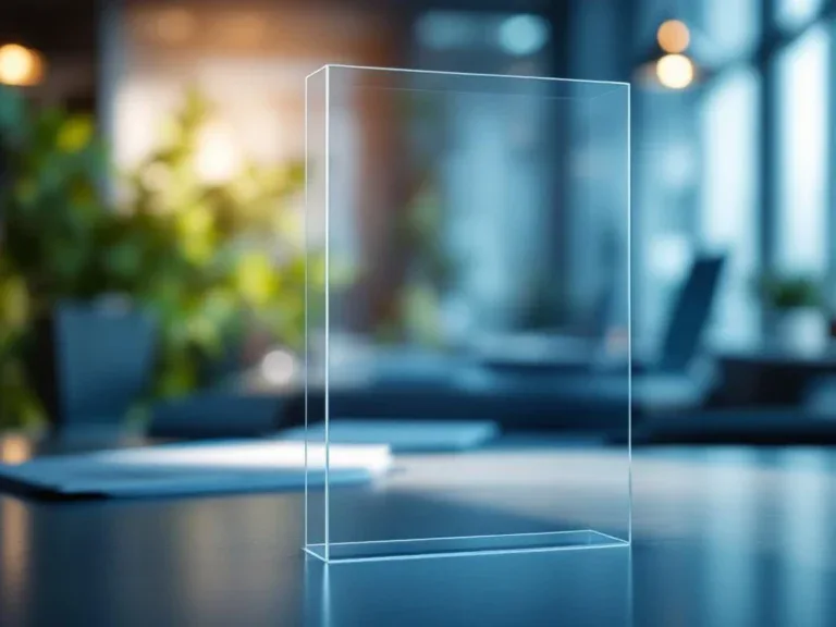 Glazen beveiligingsschild in moderne kantooromgeving met documenten op achtergrond, symboliseert privacy en vertrouwelijkheid