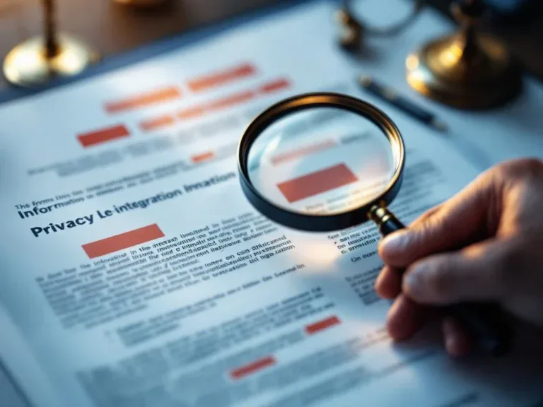 Handen met vergrootglas over juridische documenten met gemarkeerde tekst en gereduceerde secties, weegschaal op achtergrond