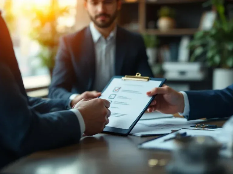 Twee professionals in zakelijke kleding wisselen documenten uit tijdens kantoor consultatie, symboliseert samenwerking