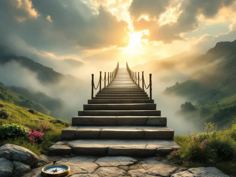Stevige brug over mistige vallei met gouden zonlicht, kompas en stenen treden symboliseren professionele vooruitgang