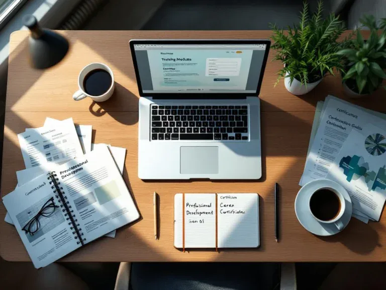 Bovenaanzicht van houten bureau met laptop, trainingsmateriaal, certificaten en open notitieboek met carrièredoelen