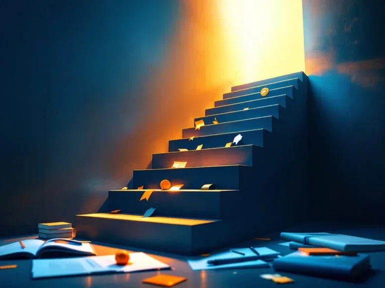 Trap van laptops, certificaten en boeken die naar gouden licht leidt, symboliseert carrièreontwikkeling en training