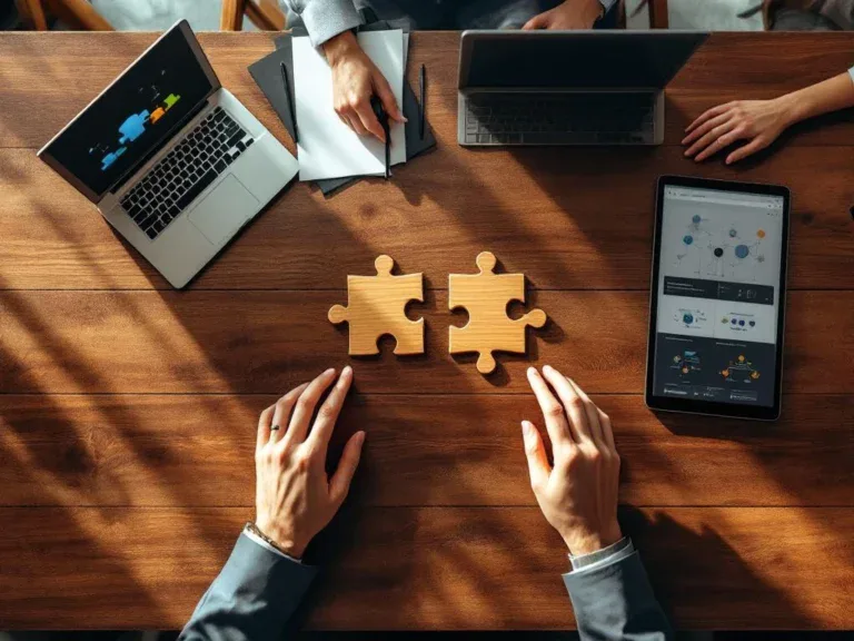 Twee puzzelstukjes die bijna verbinden op houten vergadertafel met laptop, documenten en tablet eromheen