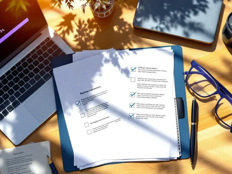 Houten bureau van bovenaf met open map vol goedgekeurde documenten, pen en laptop met 75% voortgangsbalk