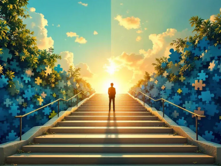 Persoon staat op kruispunt tussen gemeenschapsreïntegratie en werkhervatting, met twee paden die samenkomen bij lichte horizon