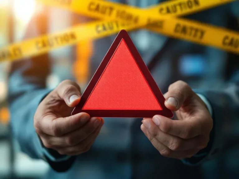 Verweerde handen houden rode waarschuwingsdriehoek vast met gele afzetlint tegen onscherpe kantoorachtergrond