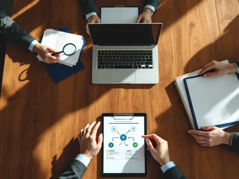 Moderne vergadertafel met documenten, laptop met workflow diagram en professionele handen bij checklist