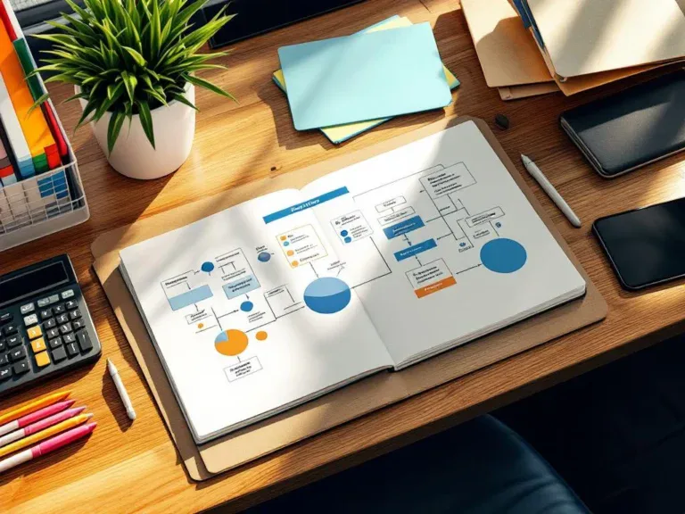 Bovenaanzicht van houten bureau met open notitieboek met stroomdiagram, omringd door pennen, calculator en mappen