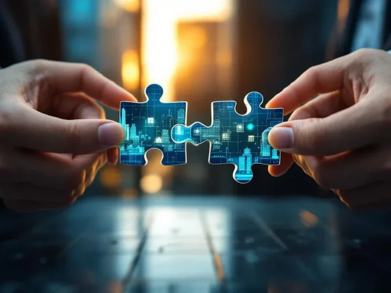 Handen bouwen brug van gloeiende puzzelstukjes tussen kantoorgebouwen, symboliseert teamwork en organisatieverbinding