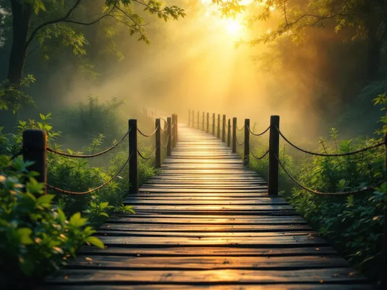 Houten pad door mist naar helder zonlicht, omringd door groen, symboliseert terugkeer naar werk en nieuwe kansen.