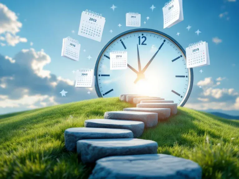 Klok met zwevende kalenderbladen en steppenstenen pad naar lichte horizon, symboliseert carrière ontwikkeling tijdlijn