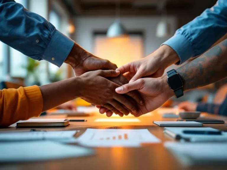 Diverse handen reiken naar het midden van een vergadertafel met trainingsmaterialen in een professionele kantooromgeving