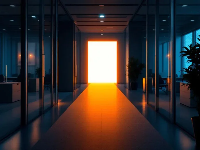 Professionele kantooromgeving met twee paden die samenkomen tot één verlichte gang, warm blauw-oranje licht, moderne meubels