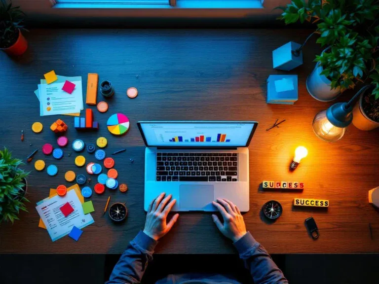 Bovenaanzicht van modern houten bureau met laptop, skillbadges, kompas naar "SUCCESS" en bouwblokken voor competenties