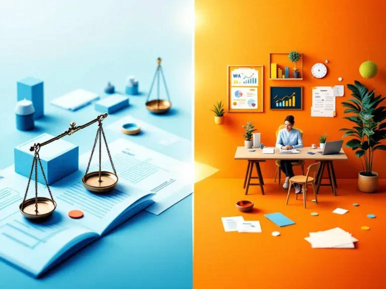 Gesplitste weergave van twee paden: links officiële WIA-documenten in blauw, rechts warme werkruimte met coaching materialen