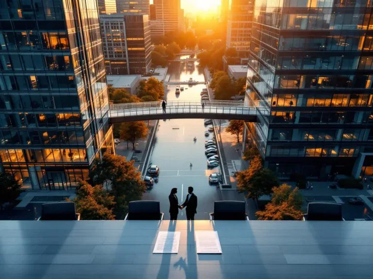 Luchtfoto van twee moderne kantoorgebouwen verbonden door glazen brug, met conferentietafel en documenten op voorgrond