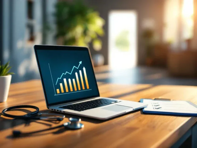 Professioneel kantoor met laptop die groeigrafieken toont, stethoscoop en checklist, symboliseert werkhervatting na ziekte