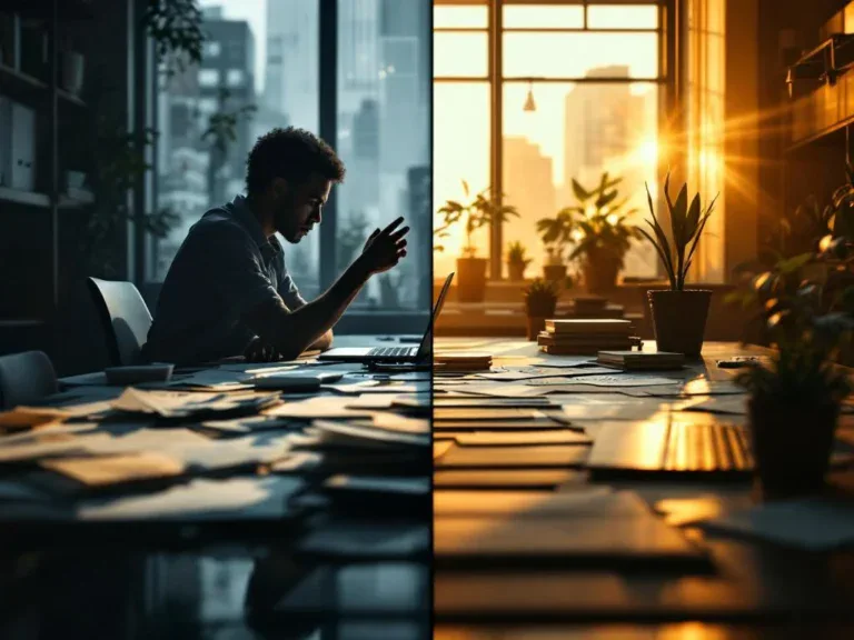 Split-screen kantooromgeving toont contrast tussen werkloosheid links en carrièresucces rechts, verbonden door brug