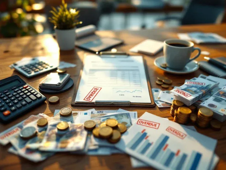 Bureau met financiële documenten, rekenmachine en achterstallige facturen naast lege stoelen en productiviteitsgrafieken
