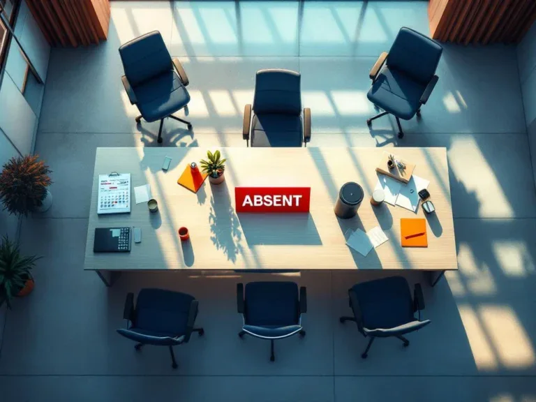 Bovenaanzicht modern kantoor met lege bureaus, rood "AFWEZIG" bordje en ziekmeldingen op kalender, warme natuurlijke verlichting