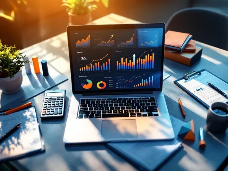 Laptop met analytics dashboards en grafieken op modern bureau met rekenmachine en meetinstrumenten, groei pijl omhoog