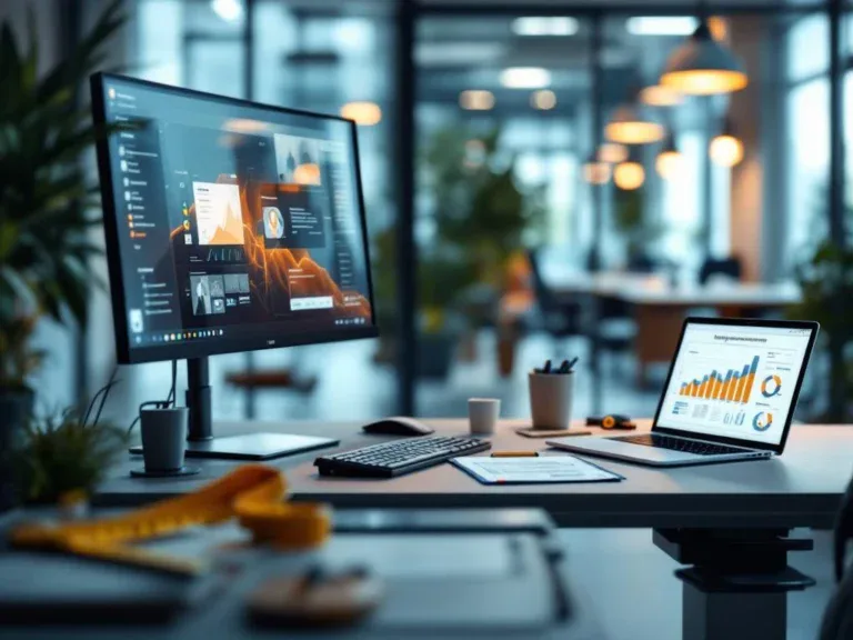 Moderne werkplekbeoordeling met ergonomische bureaustoel, verstelbare monitor en meetinstrumenten in professioneel kantoor