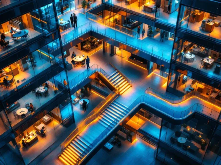 Moderne glazen kantoorgebouw van bovenaf met verlichte bruggen en centrale trap, symboliseert werkplekintegratie