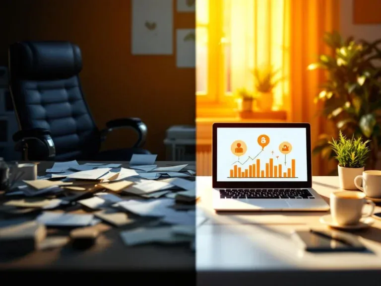 Split-screen kantoorbeeld: links rommelig bureau met afwijzingsbrieven, rechts modern werkplek met laptop en planten