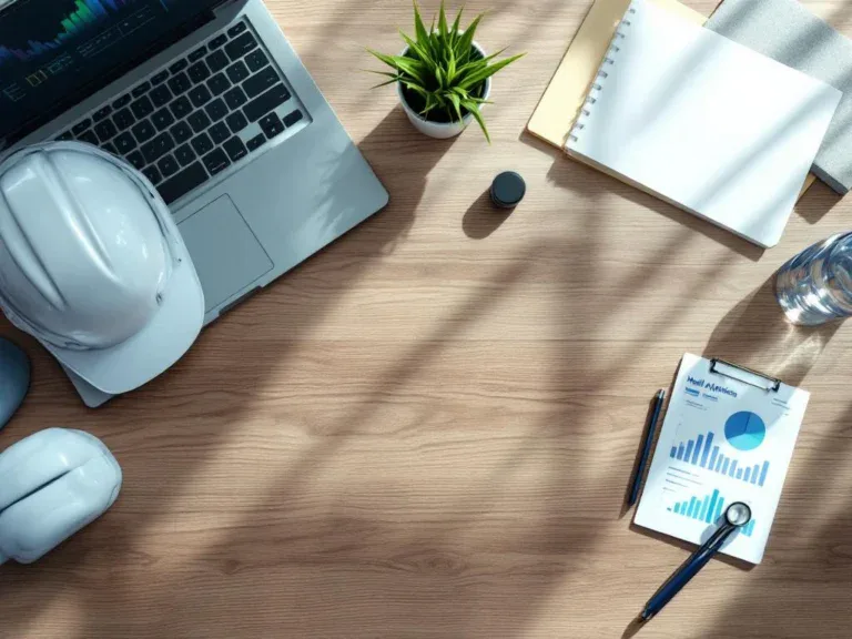 Moderne bureauopstelling met witte veiligheidshelm, stethoscoop, laptop met gezondheidsgrafieken en wellness-items op houten bureau