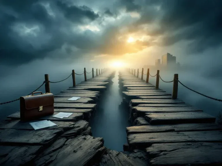 Verweerde houten brug met gebroken planken over mistige kloof, verbindt aktetas met cv-papieren naar kantoorgebouw