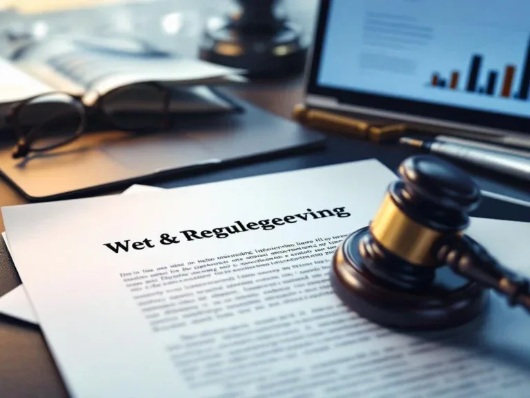 Juridisch document met "Wet & Regelgeving" letterhead op professioneel bureau met hamer en laptop op achtergrond