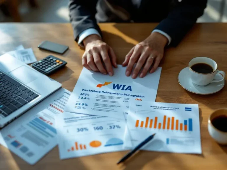 Professionele handen boven WIA-documenten op bureau met laptop, calculator en pen voor arbeidsreïntegratie