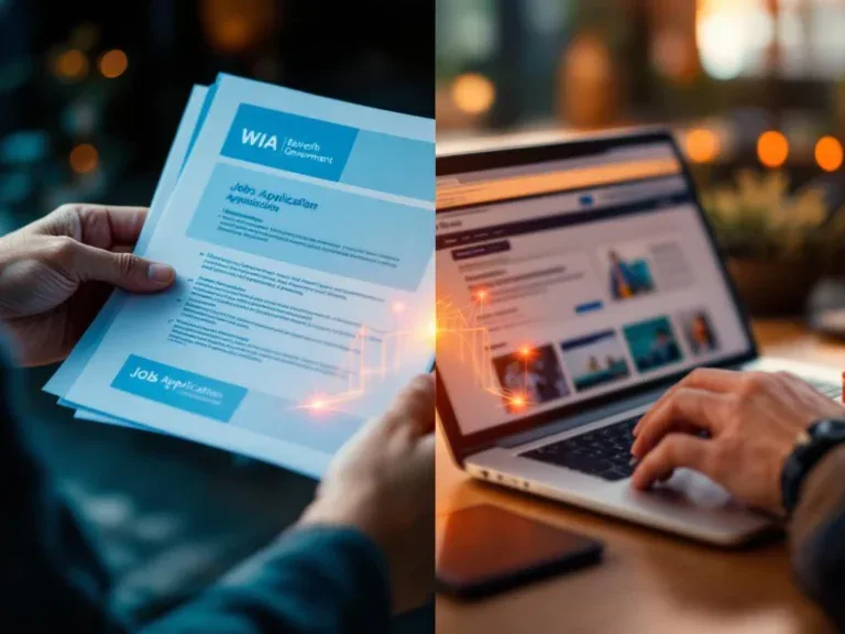 Handen houden WIA-documenten met Nederlandse overheidslogo naast laptop met vacaturewebsites, verbonden door brug-element
