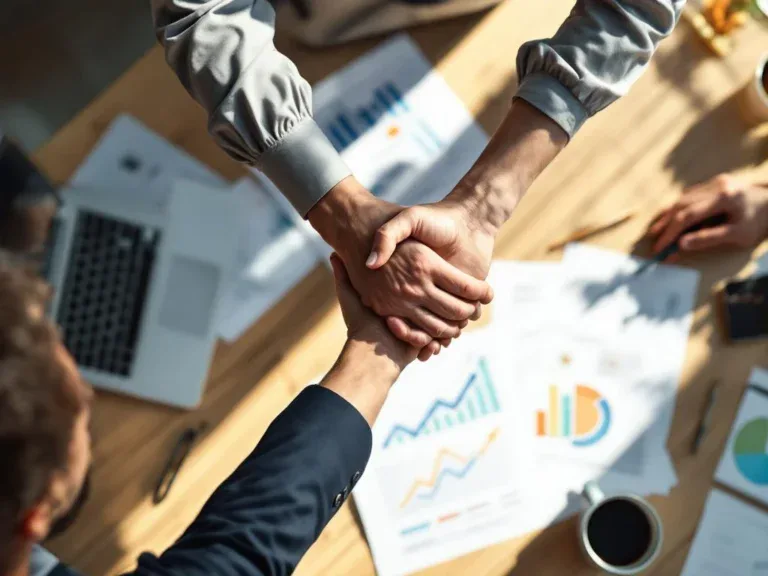 Twee professionele handen in ondersteunende handdruk boven modern bureau met laptop en documenten met stijgende grafieken