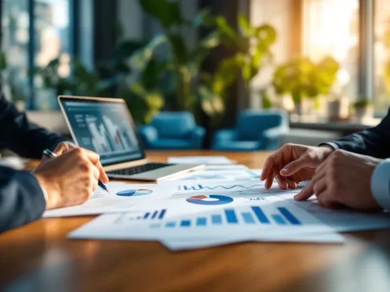 Professionele handen bespreken bedrijfsanalytics en carrièrebegeleiding in moderne kantoorvergaderruimte