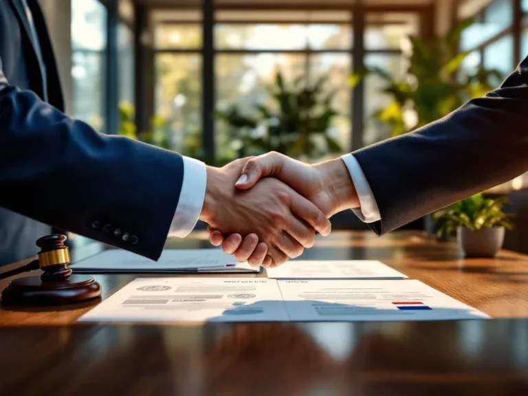 Professionele handdruk boven bureau met Nederlandse vlag en officiële documenten in modern kantoor