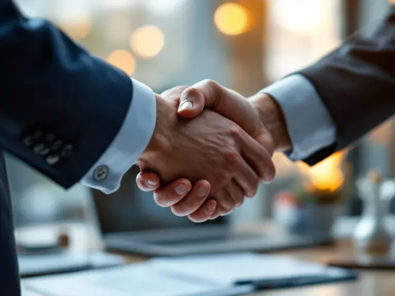 Twee professionals schudden handen in modern kantoor, symboliseert samenwerking tussen werkgever en werknemer