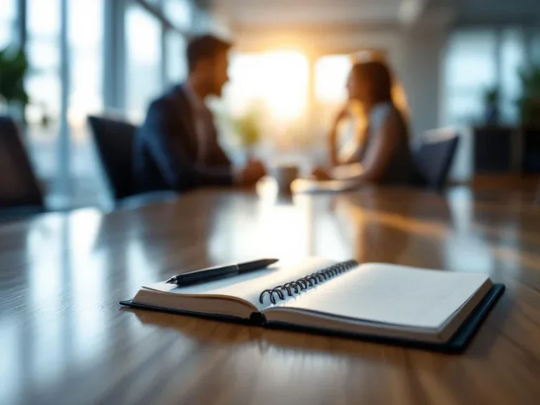 Professionele vergaderruimte met open notitieboek en koffie op houten tafel, twee personen op achtergrond