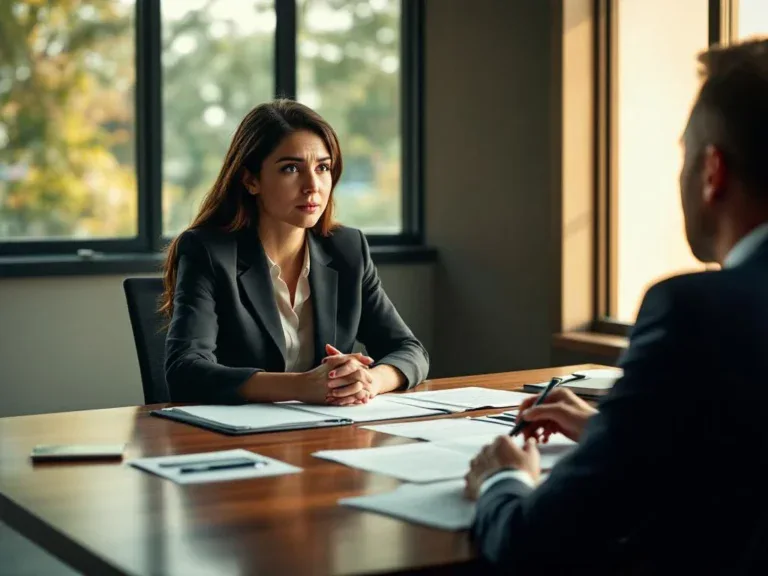 Zakenvrouw in gesprek met HR-consultant aan vergadertafel met ontslagdocumenten en carrière-overgangsmaterialen