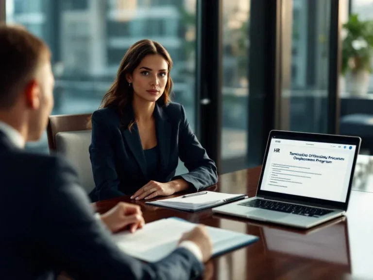 Zakenvrouw in gesprek met HR-medewerker over ontslagdocumenten en outplacement programma in modern kantoor