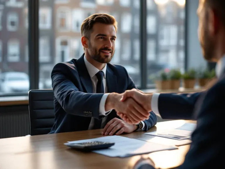 Zakenman en HR-consultant schudden handen over ontslagdocumenten aan conferentietafel in modern Amsterdam kantoor