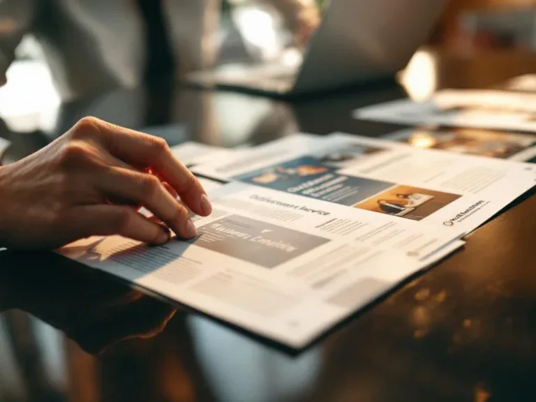 Zakenvrouw bekijkt outplacement service brochures op conferentietafel met laptop op achtergrond